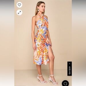 Bold Presence Orange Multi Floral Satin Halter Midi Dress